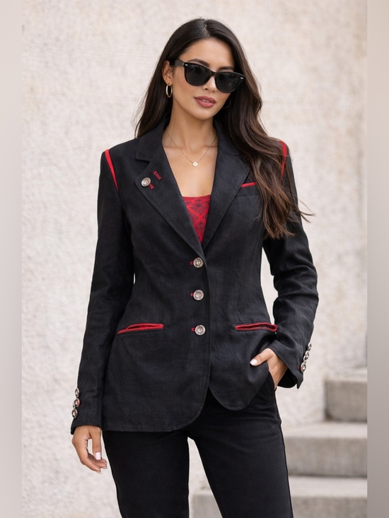 Jackets & Blazers - Altenbeurer Black Linen Blend Blazer Red Trim Lined Jacket Size 38 Vintage Style